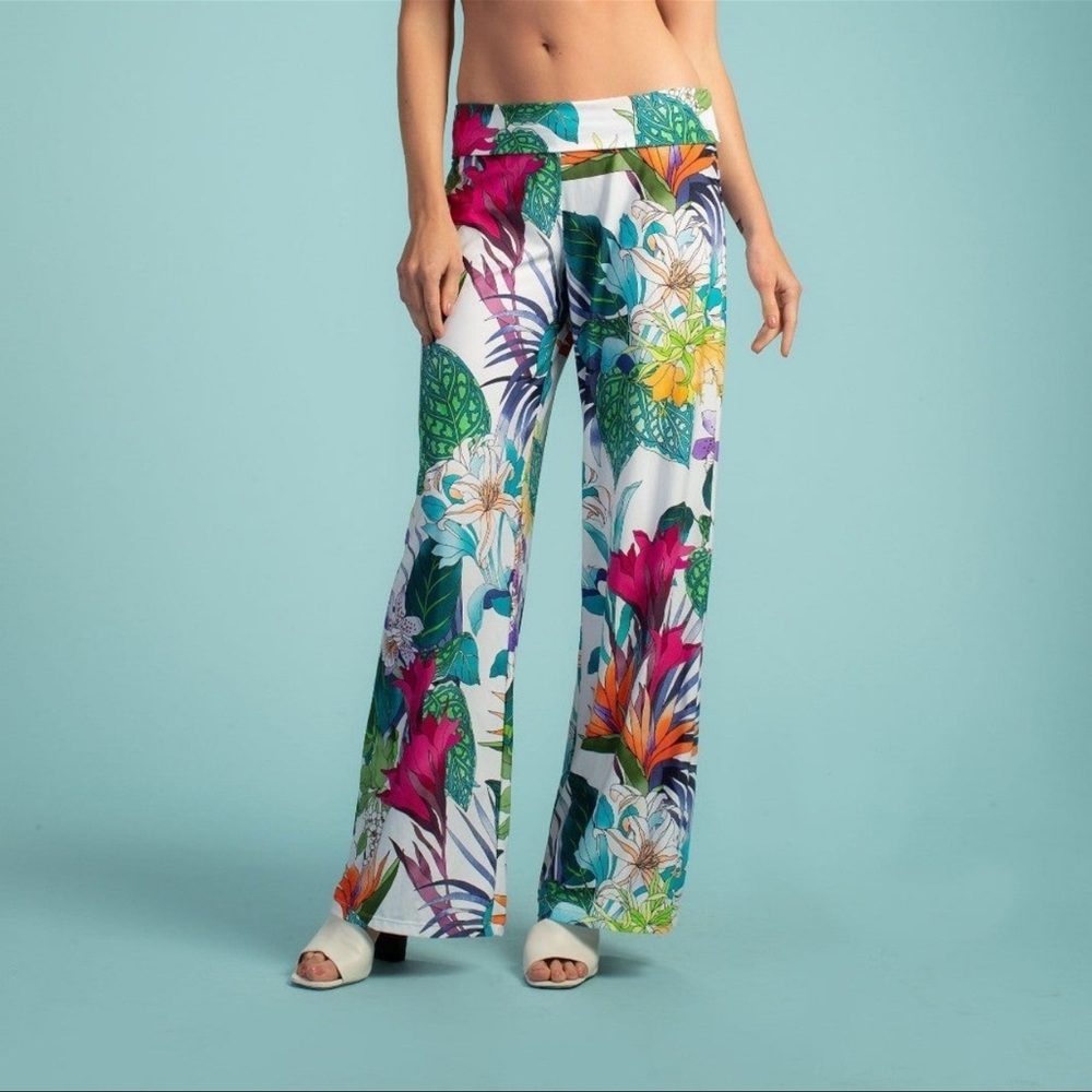 TRINA TURK Amazonia Tropical Floral Palazzo Wide Leg Roll Top Cover Up Pant $160